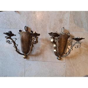 Pair Of Wall Sconces In Gilded Sheet Metal, 1940s. 