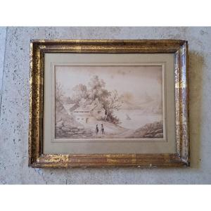 Lac suisse , Lavis d'encre , XIX°.