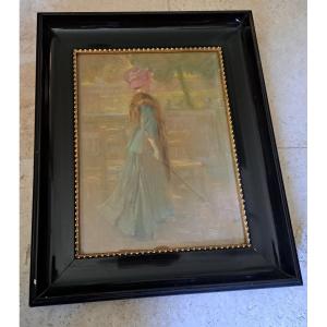 Georges Claude Michelet , Elégante au parc , Pastel , Fin XIX°/Début XX°. 