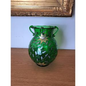 Vase , verre craquelé , Fleurs , XX°. 