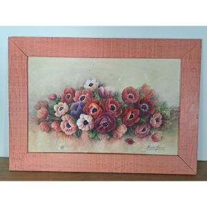 Madeleine Renaud , Bouquet Of Flowers , Watercolor , XX°.