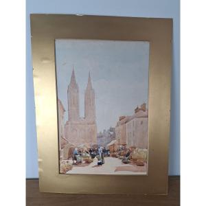 Cathédrale de Saint Lo , Aquarelle , Signée , XIX°. 