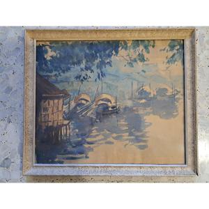 André Ragot , Paysage d'Indochine , Aquarelle , XX°.