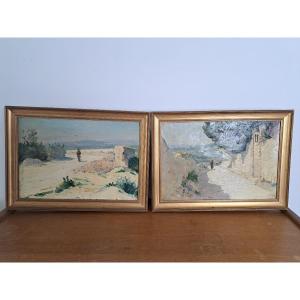 Laurent Vidal , Environs d'Avignon , Paire d'Huiles sur toile , Fin XIX°/Début XX°.