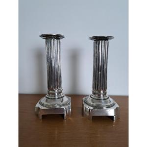 Pair Of Candlesticks, Louis XVI Style, Silver-plated Metal, Late 18th Century. 