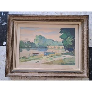 Pierre Langlade , Paysage à la rivière , Gouache sur papier , Début XX°.