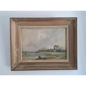 Camille Kufferath, Seaside With A Sailboat, Oil On Canvas, 20th Century.