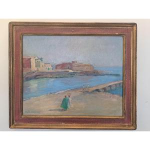 Myrto Debard, View Of A Port In Africa, Oil On Cardboard, 20th Century. 