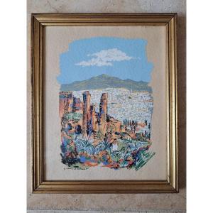 Gabriel Carriat Rolant, View Of A Moroccan City, Stencil Gouache, Early 20th Century.
