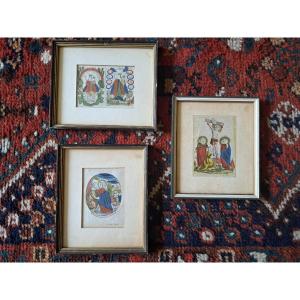Netherlands, 3 Religious Images, Paper And Color, 17th Century.