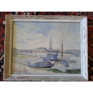 Derroja, The Garonne River In Bordeaux, Watercolor, 20th Century.