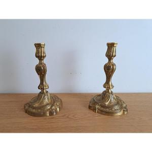 Henri Picard, Pair Of Candlesticks, Gilt Bronze, Louis XV, 19th Century.