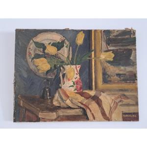 P. Cellier, Still Life With Tulips, Oil On Canvas, Early 20th Century.