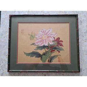 Ning , Pivoines , Aquarelle sur soie , Chine , XX°.