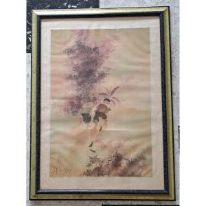 La Hon, Two Children, Watercolor On Silk, Vietnam, 20th Century.