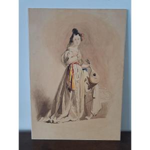 Dame à la mandoline , Aquarelle , signée , XIX°.