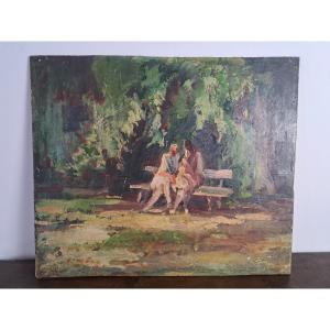 Hanns Fay, Conversation In A Park, Oil On Panel, 20th Century.
