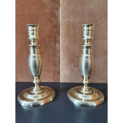 Pair Of Small Candlesticks, Bronze, Restoration, XIX °.