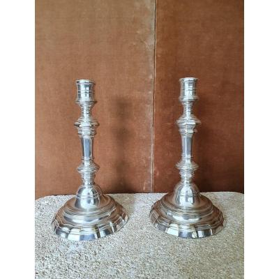 Pair Of Louis XV Candlesticks, Silver Metal, Early Twentieth.