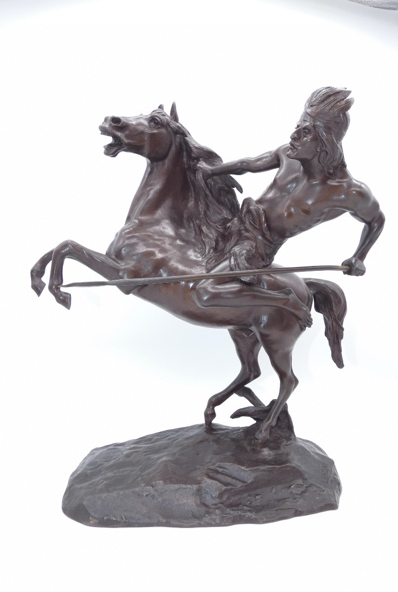 SCULPTURE EN BRONZE SIGNEE LEMOINE REPRESENTANT UN GUERRIER INDIEN A CHEVAL-photo-3