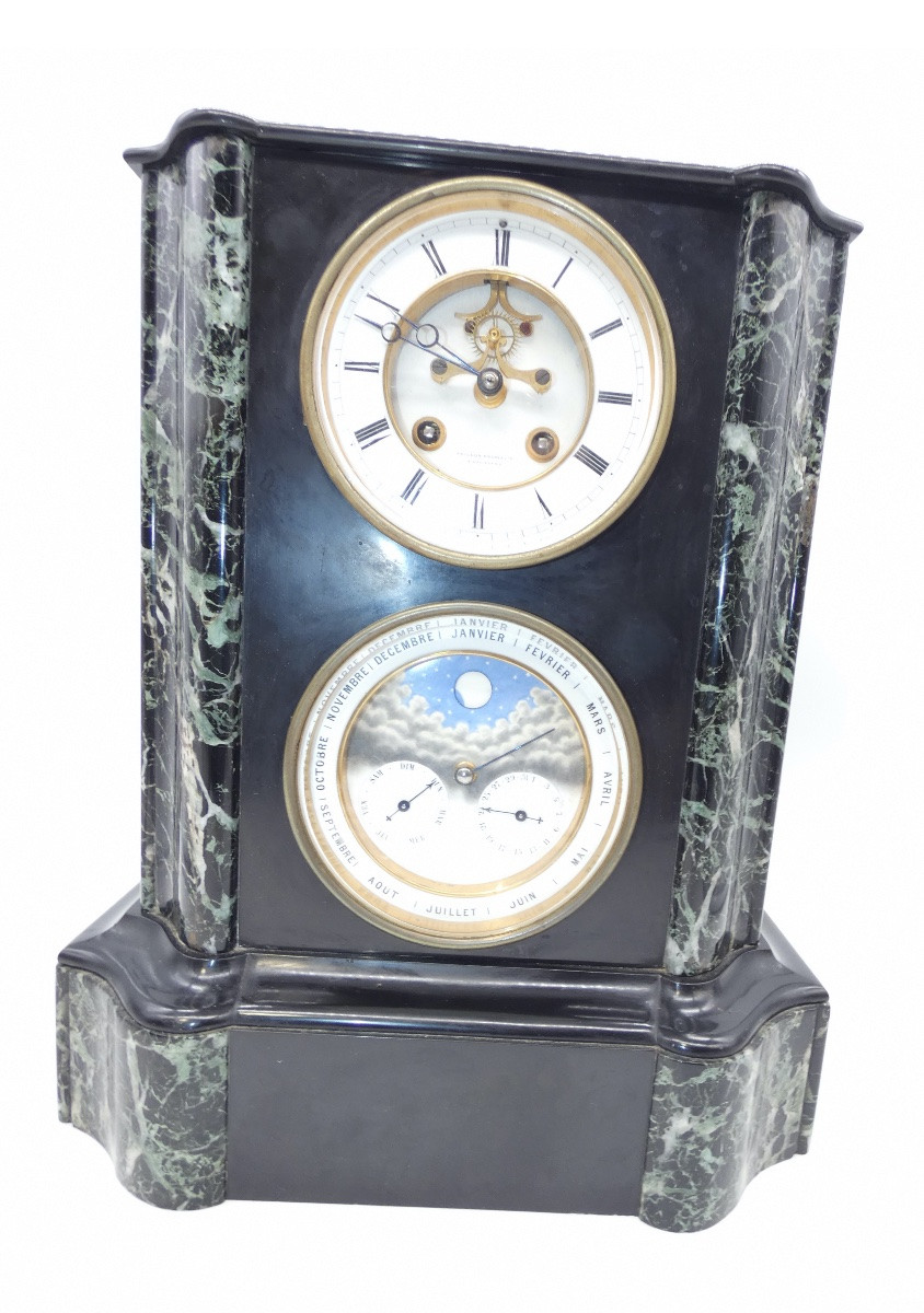 PENDULE A COMPLICATIONS ET PHASES DE LUNE EN MARBRE NOIR ET GRIS-photo-2