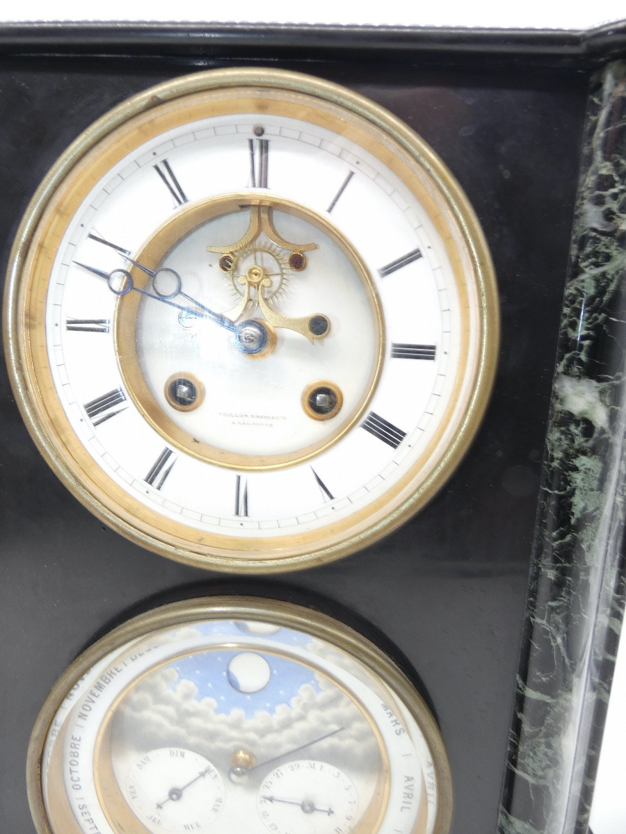 PENDULE A COMPLICATIONS ET PHASES DE LUNE EN MARBRE NOIR ET GRIS-photo-3