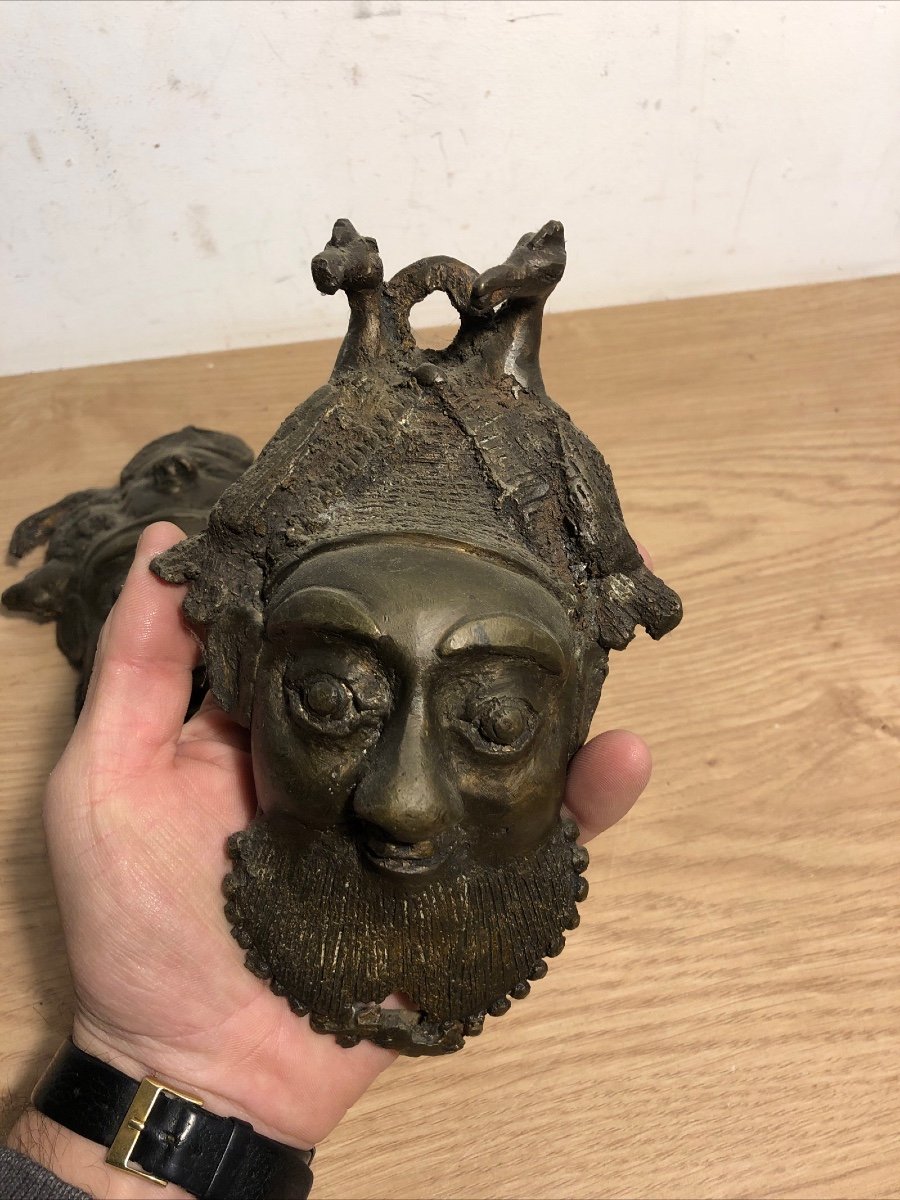 Pair Of Pensive African Benin Bronze Lost Wax Masks Early 20th Century-photo-2
