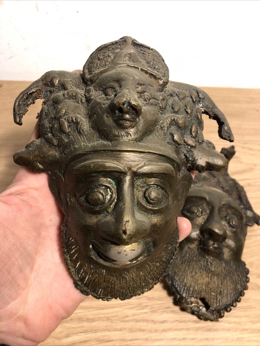 Pair Of Pensive African Benin Bronze Lost Wax Masks Early 20th Century-photo-3