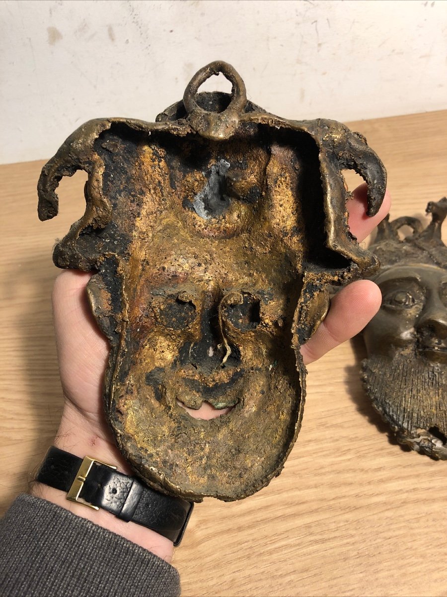Pair Of Pensive African Benin Bronze Lost Wax Masks Early 20th Century-photo-6