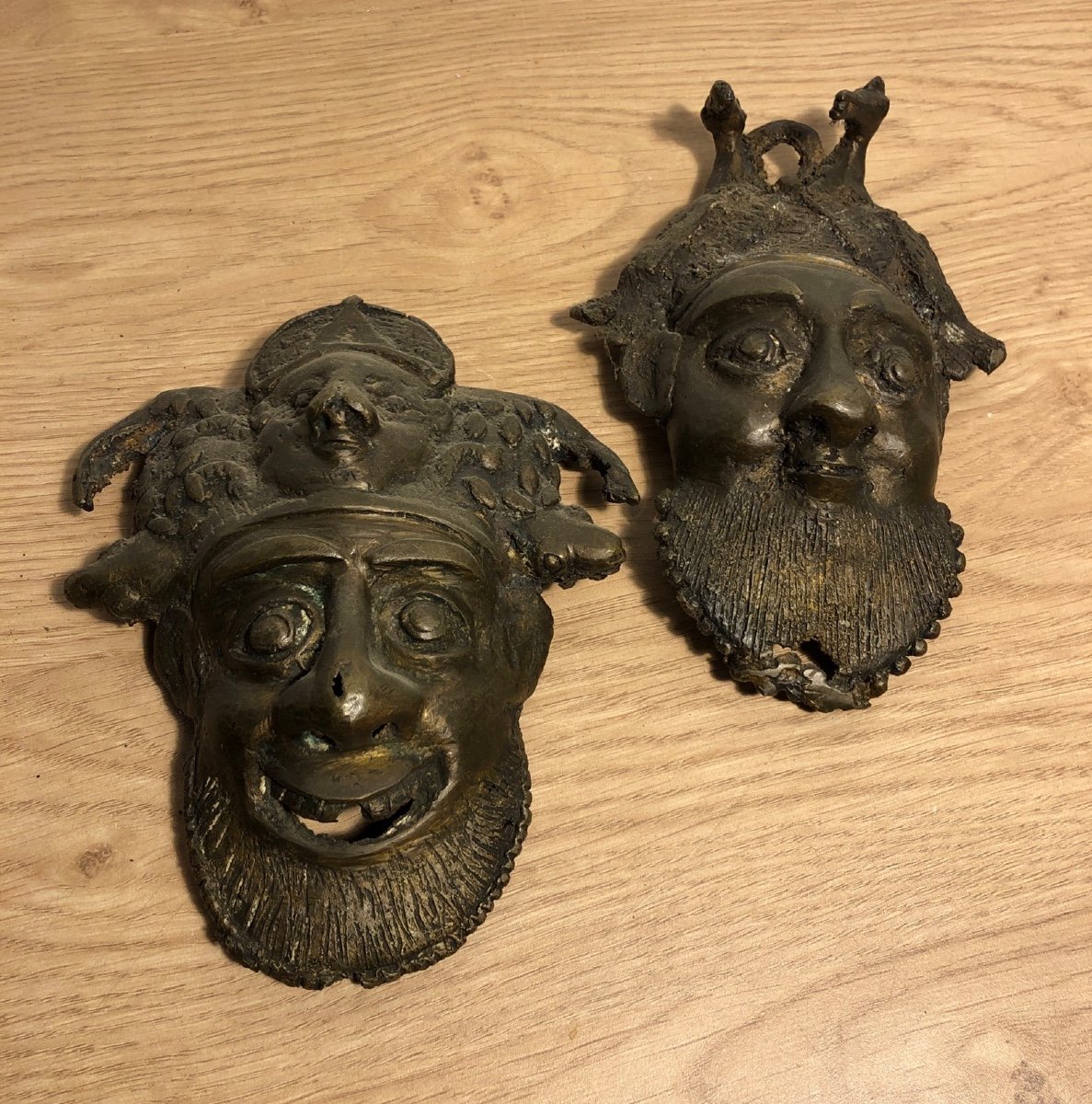 Pair Of Pensive African Benin Bronze Lost Wax Masks Early 20th Century