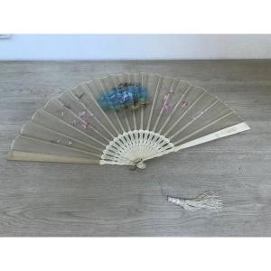 Very Pretty And Large Fan Painted On Tulle 