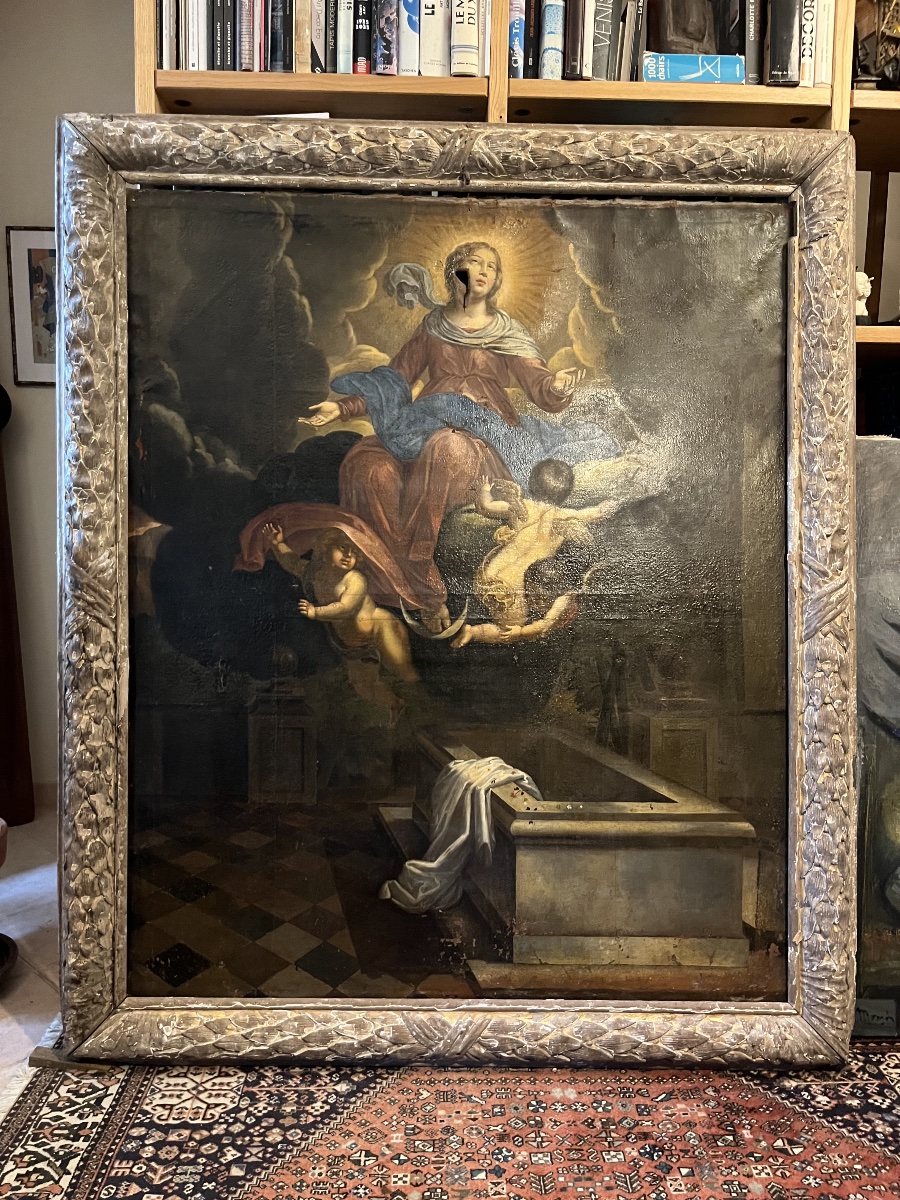 Grande huile sur toile XVIIem Assomption de la Vierge
