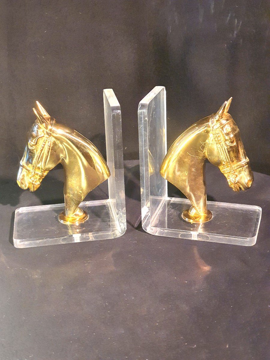 Serre Livres Bronze Doré Chevaux.