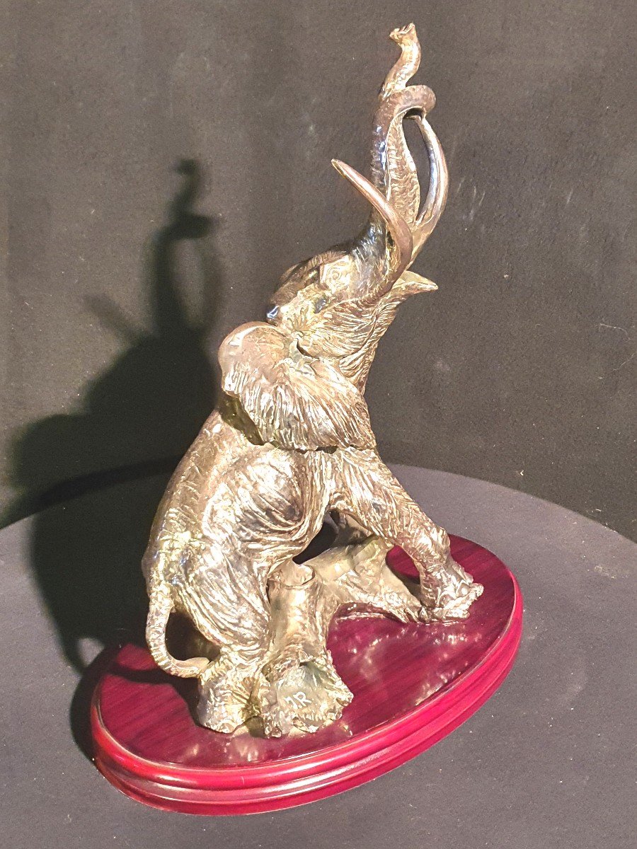Art Deco Elephant Sculpture, Silver Metal.-photo-2