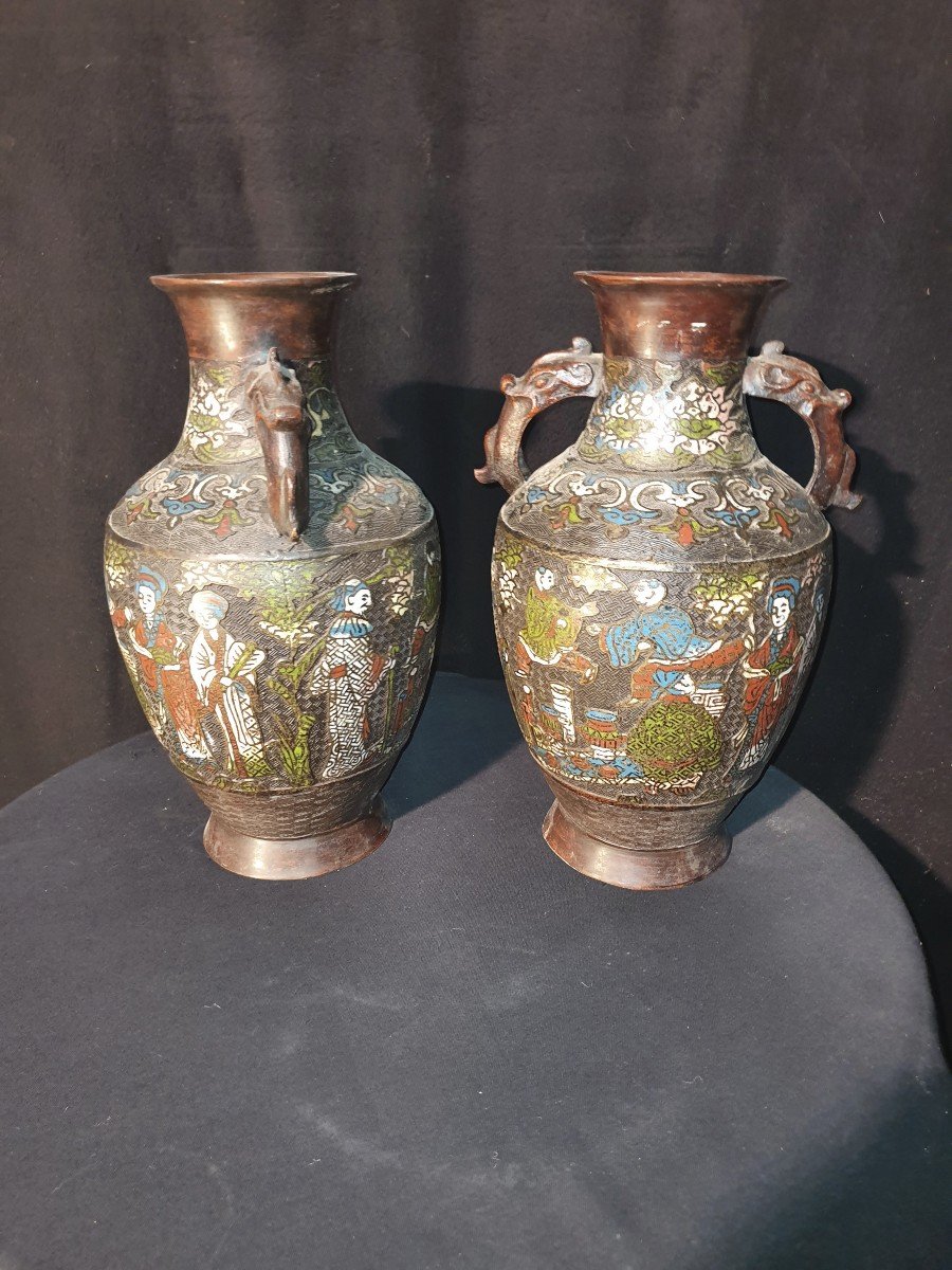 Paire De Vases Cloisonnés Bronze Chine.-photo-3