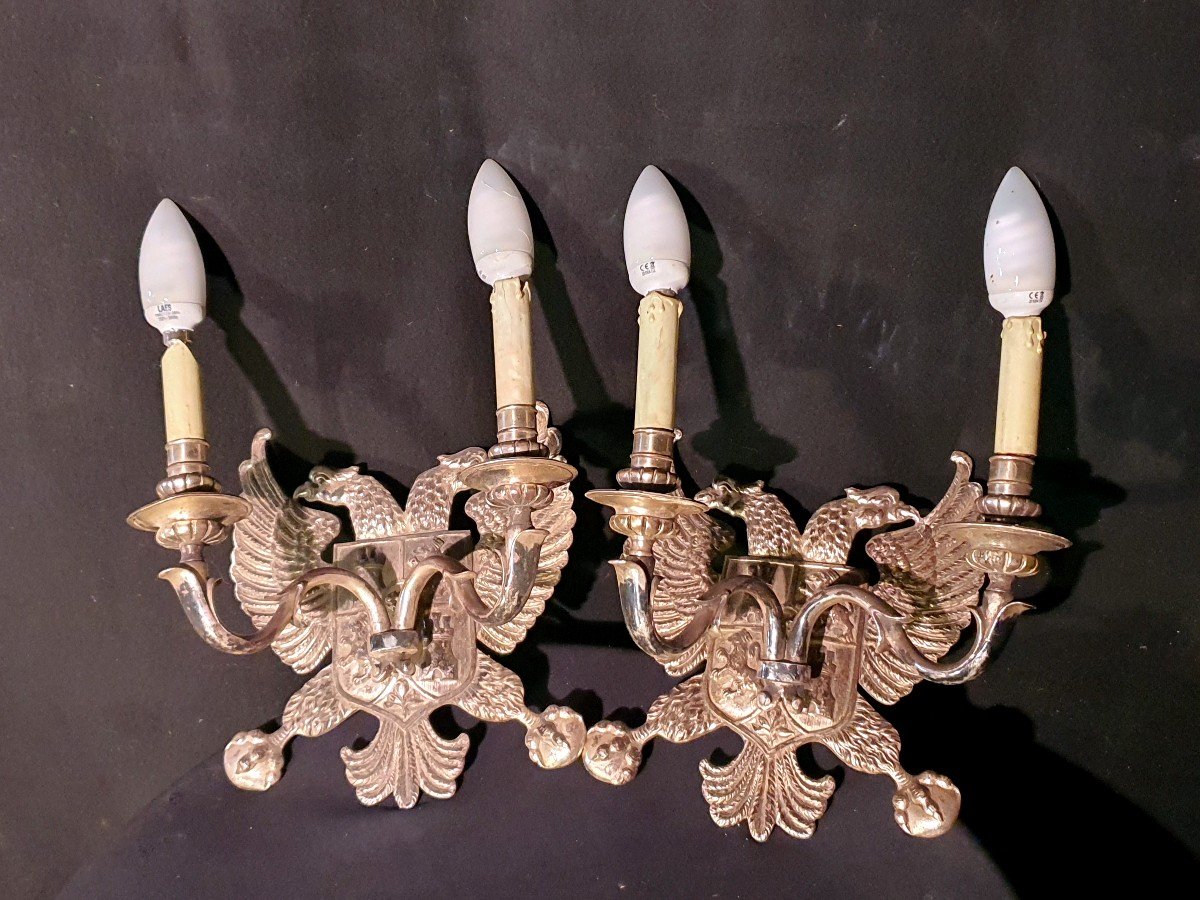 Pair Bronze Wall Lamps With Eagles.-photo-1