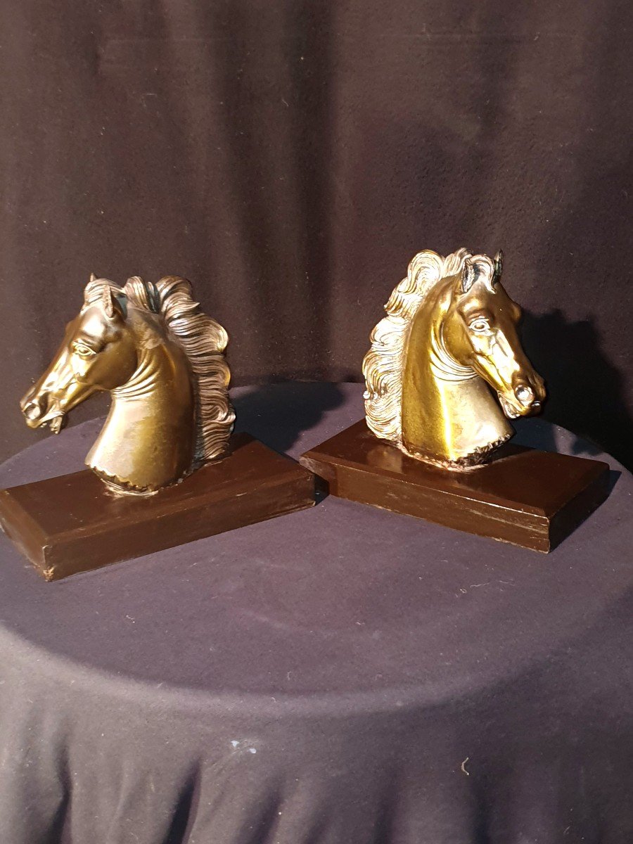 Paire De Sculptures Chevaux. Serre Livres. Art Déco. -photo-2