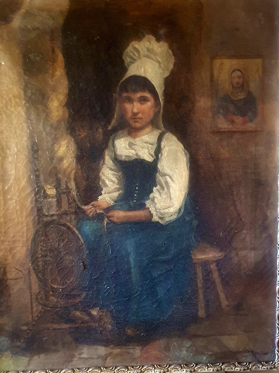 Tableau Jeune Fille Bretonne XIX Siècle. -photo-4