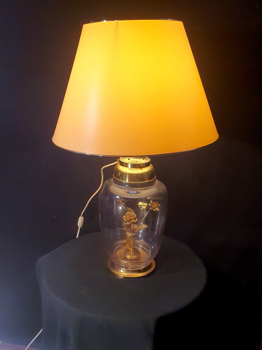 Grande Lampe Vintage Fleurs Dorées. -photo-2