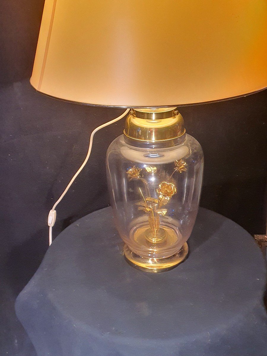 Grande Lampe Vintage Fleurs Dorées. -photo-3