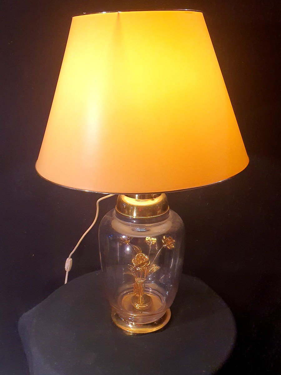 Grande Lampe Vintage Fleurs Dorées. 