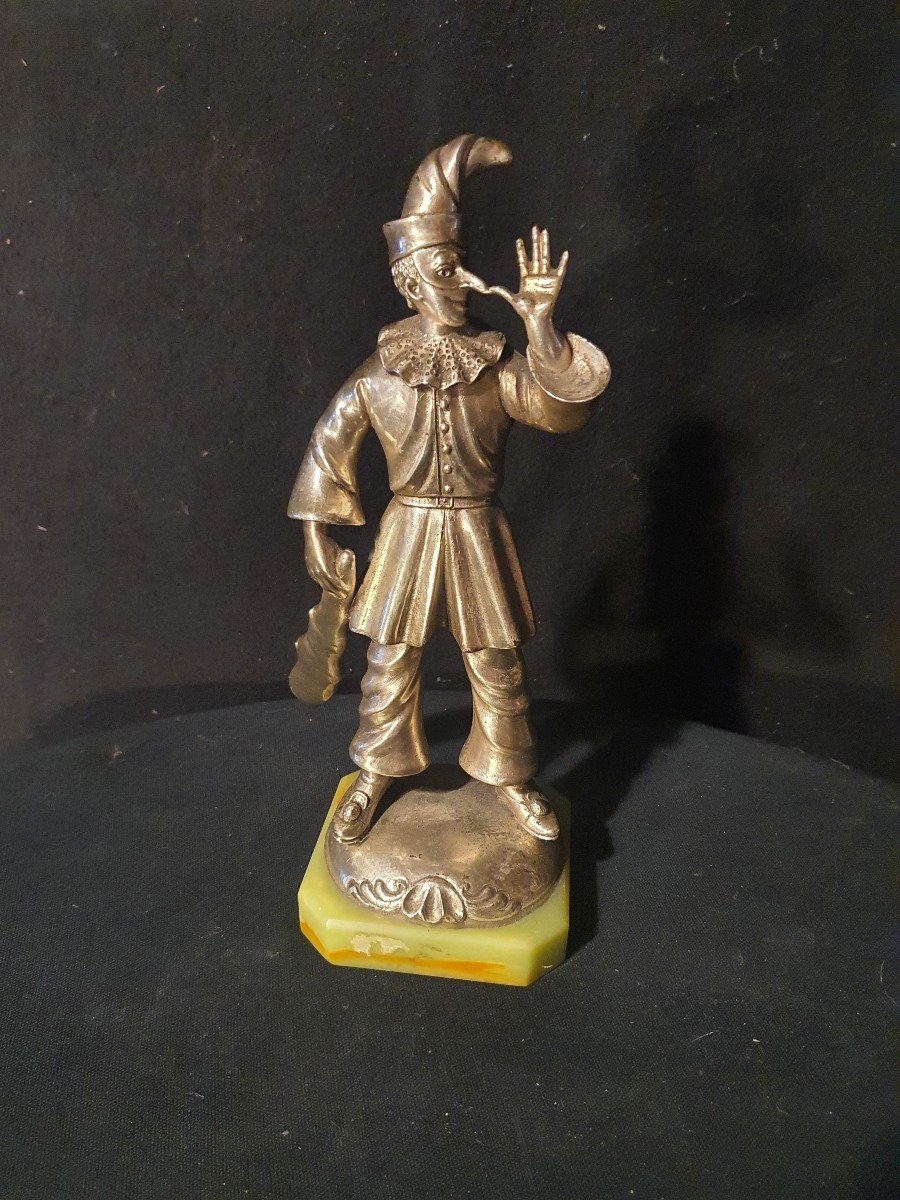 Sculpture Plaqué Argent Polichinelle Arlequin, ,commedia Del Arte.