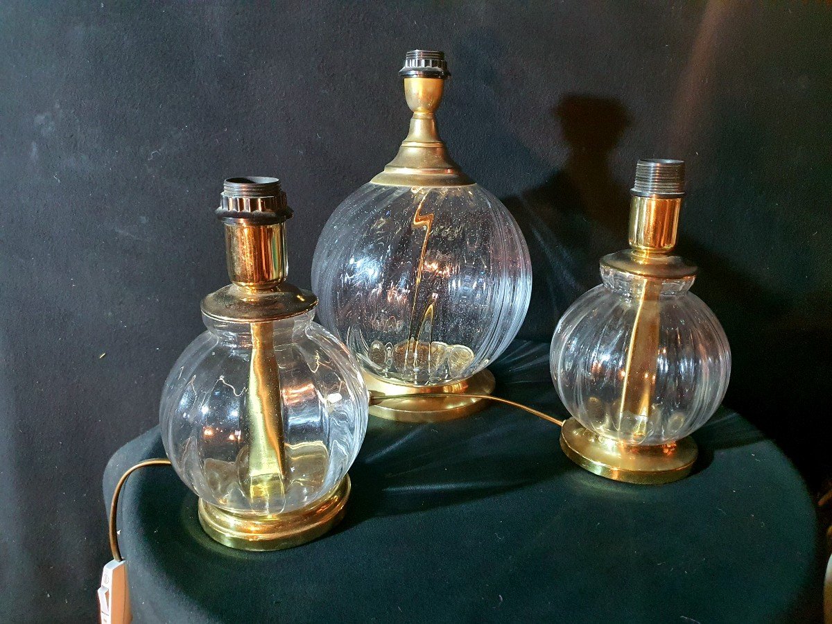 Série De Trois Lampes  boules.Verre Et Laiton Hollywood Regency.-photo-2