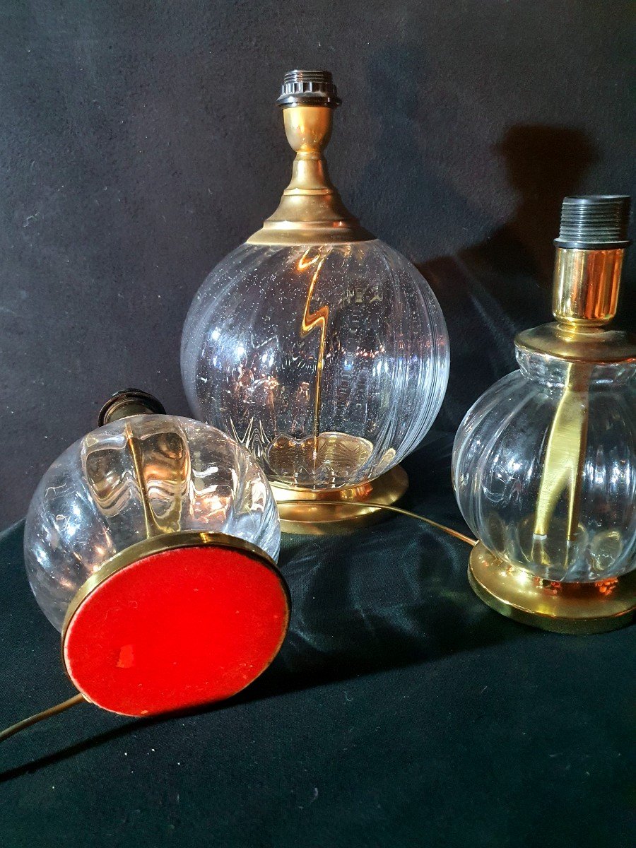 Série De Trois Lampes  boules.Verre Et Laiton Hollywood Regency.-photo-3