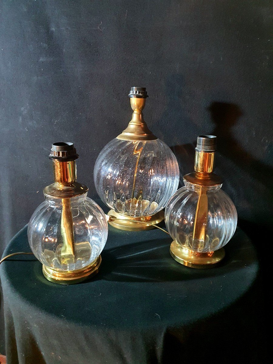 Série De Trois Lampes  boules.Verre Et Laiton Hollywood Regency.-photo-4