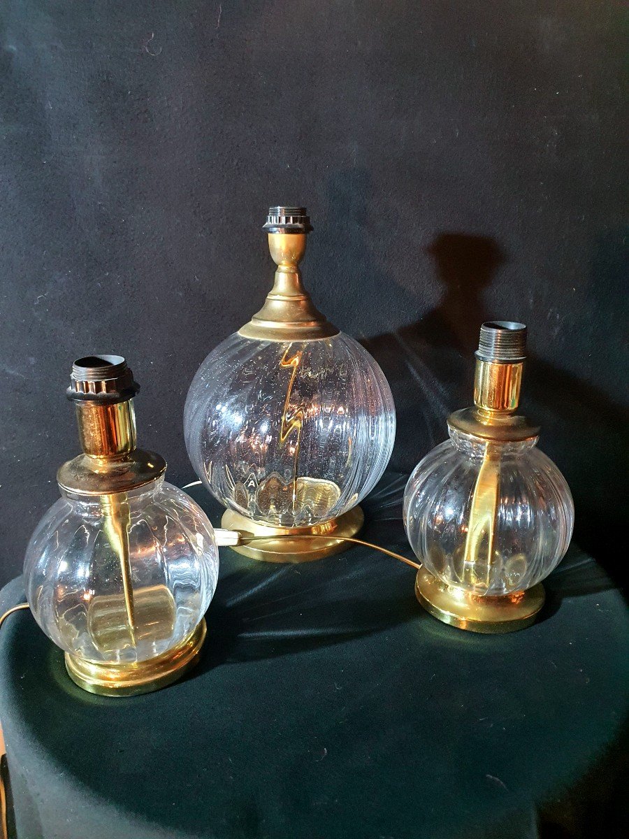 Série De Trois Lampes  boules.Verre Et Laiton Hollywood Regency.