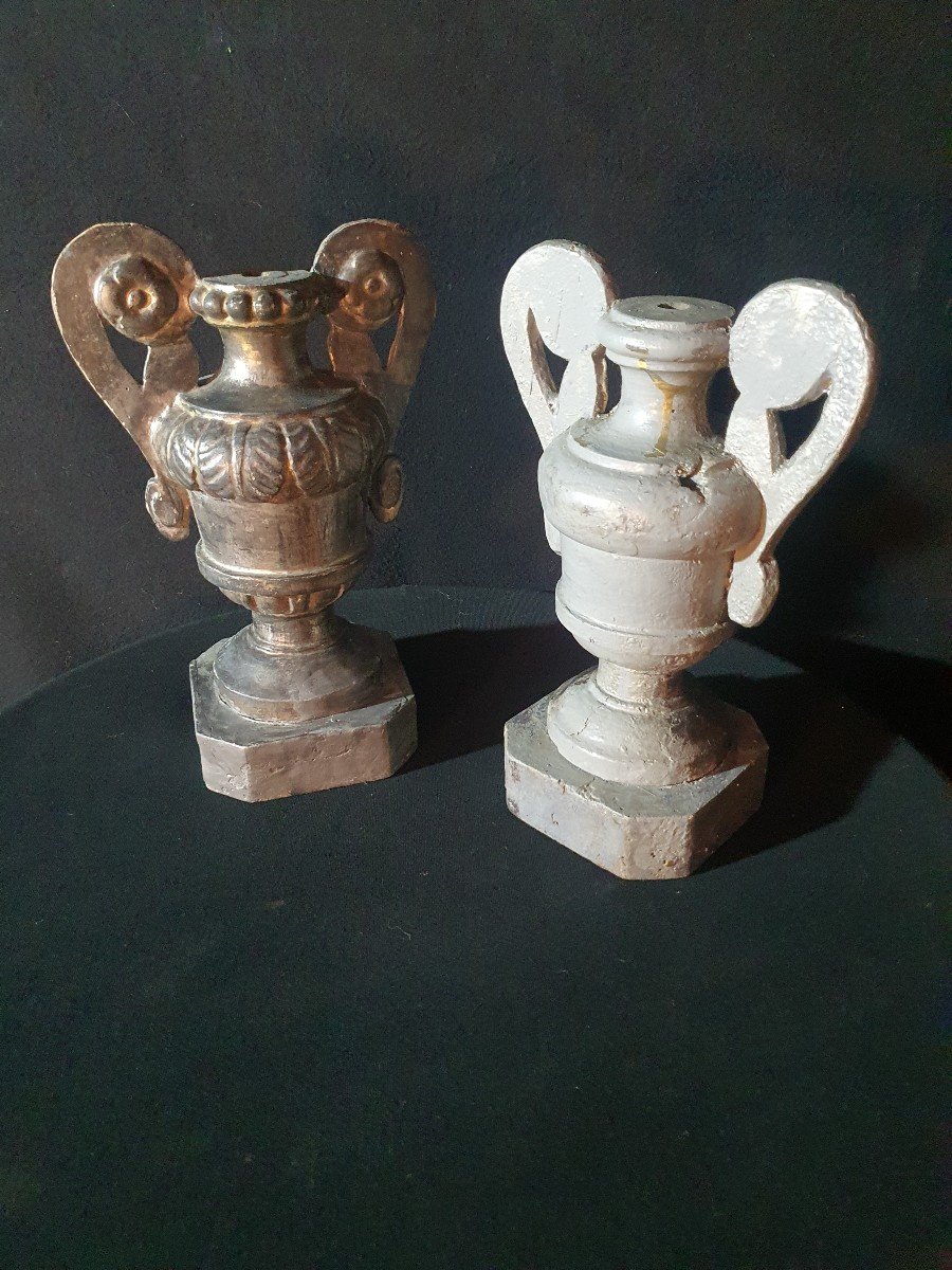 Pair Of Medici Vases Carved Wood Silver XVIII Century.-photo-2