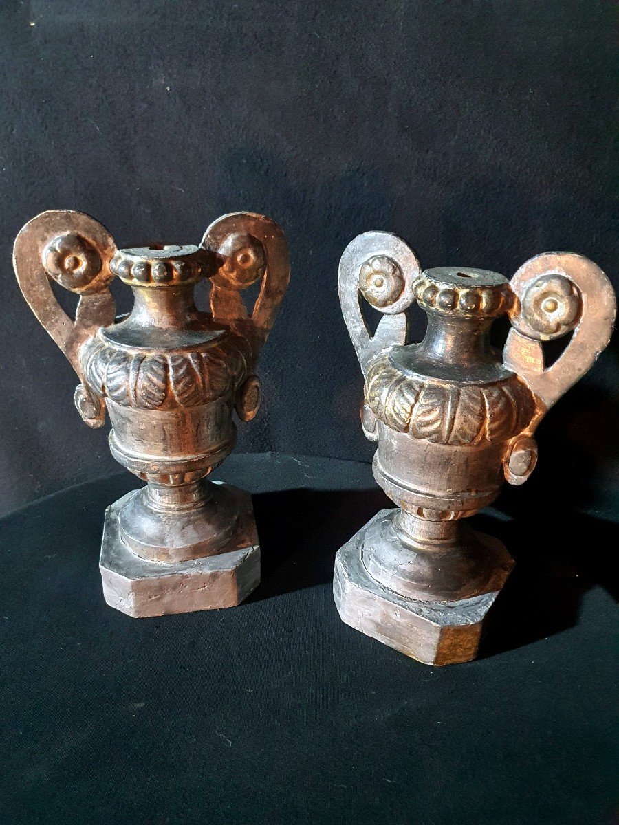 Pair Of Medici Vases Carved Wood Silver XVIII Century.-photo-3