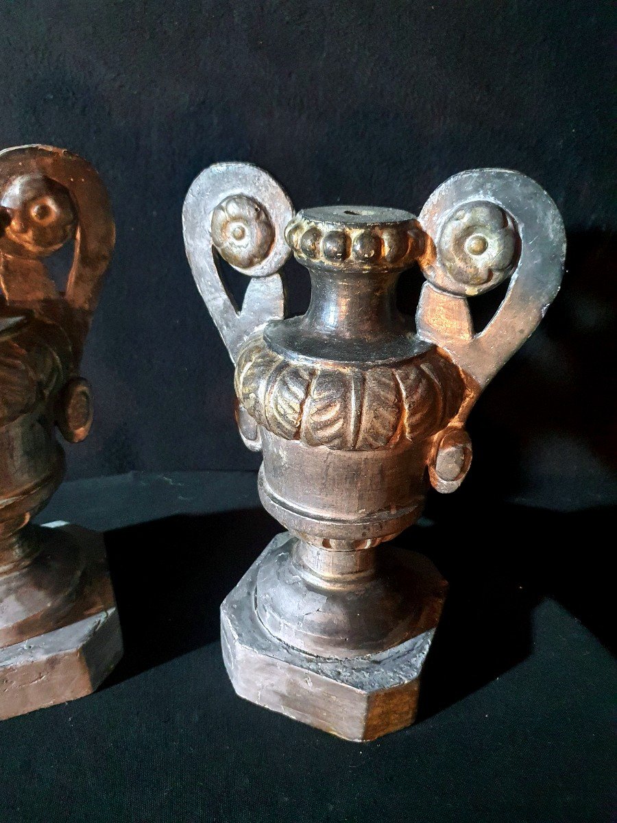 Pair Of Medici Vases Carved Wood Silver XVIII Century.-photo-1