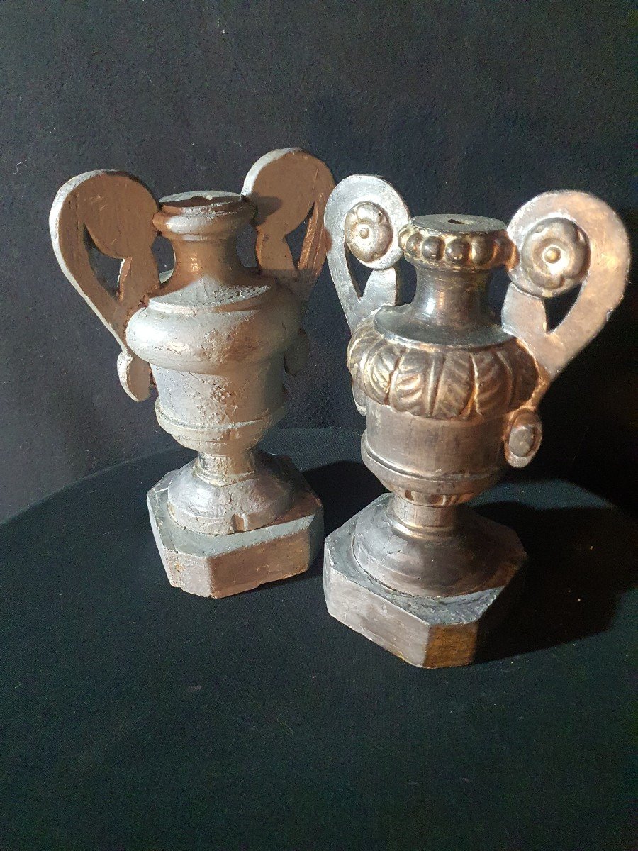 Paire De Vases Médicis Bois Sculpté Argent XVIII Siècle. -photo-2